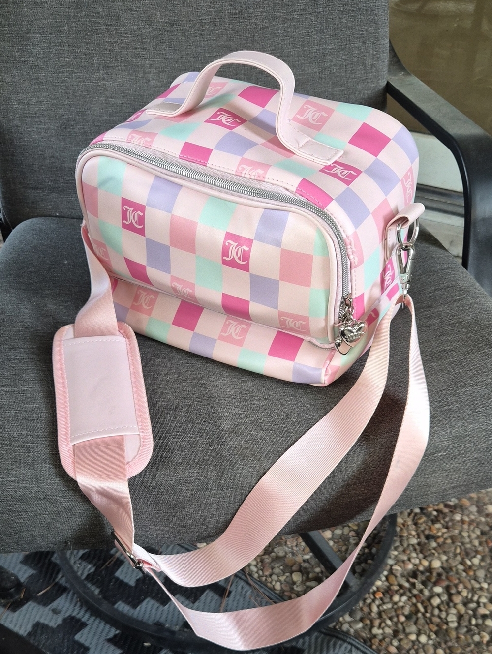 Juicy Couture Pastel Checkered Insulated Lunch Bag with Pink Strap